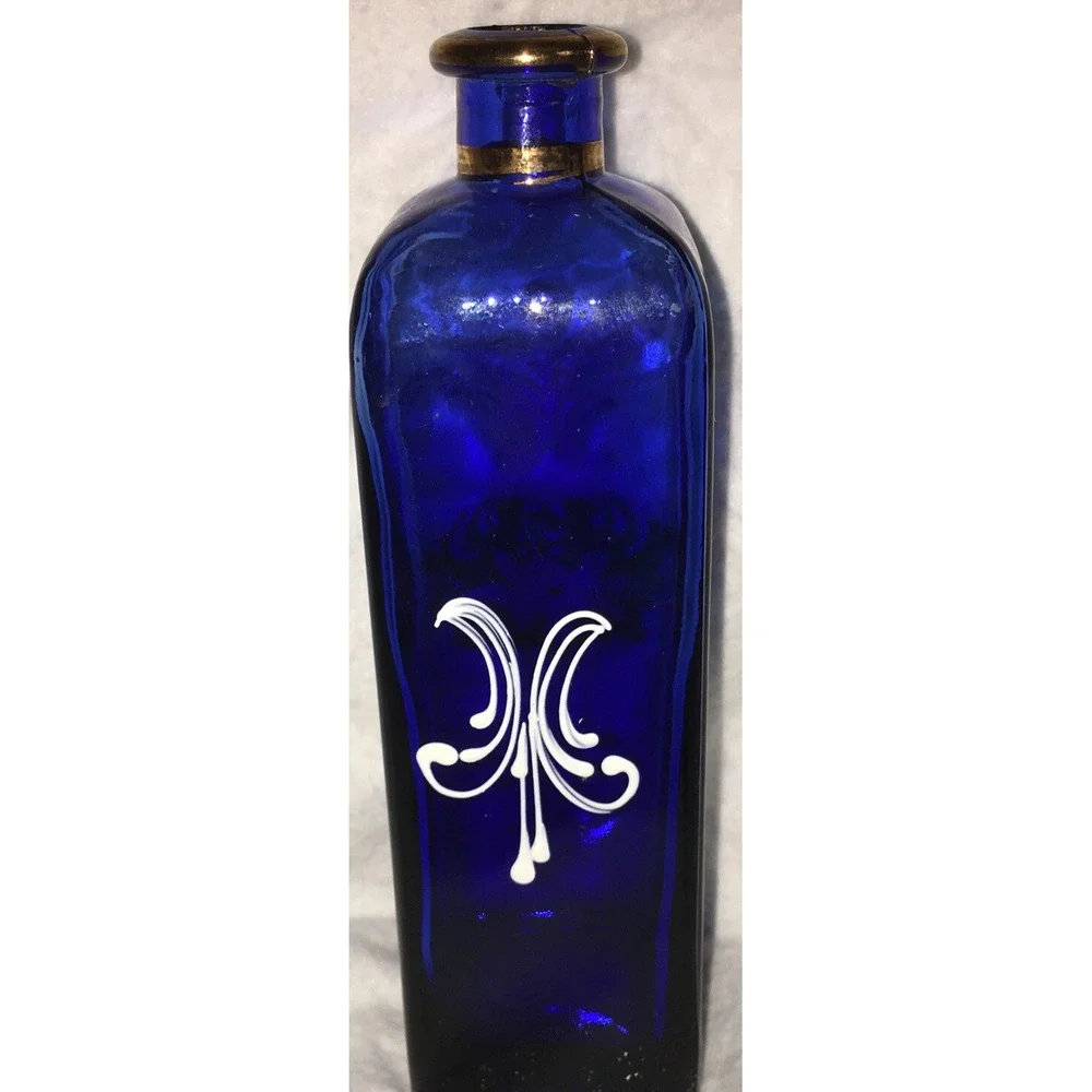 Vintage Bohemian HandPainted Blue/Gold Bottle No Topper